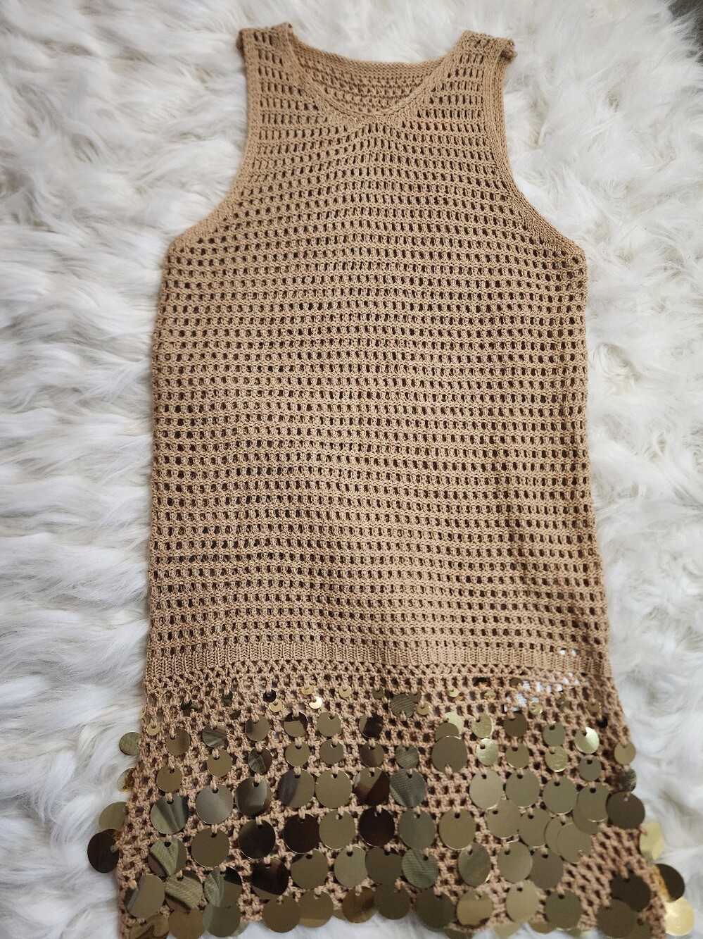 TitleSHEIN Gold Sequin Disc Crochet Mini Dress Tan Sleeveless Size Medium